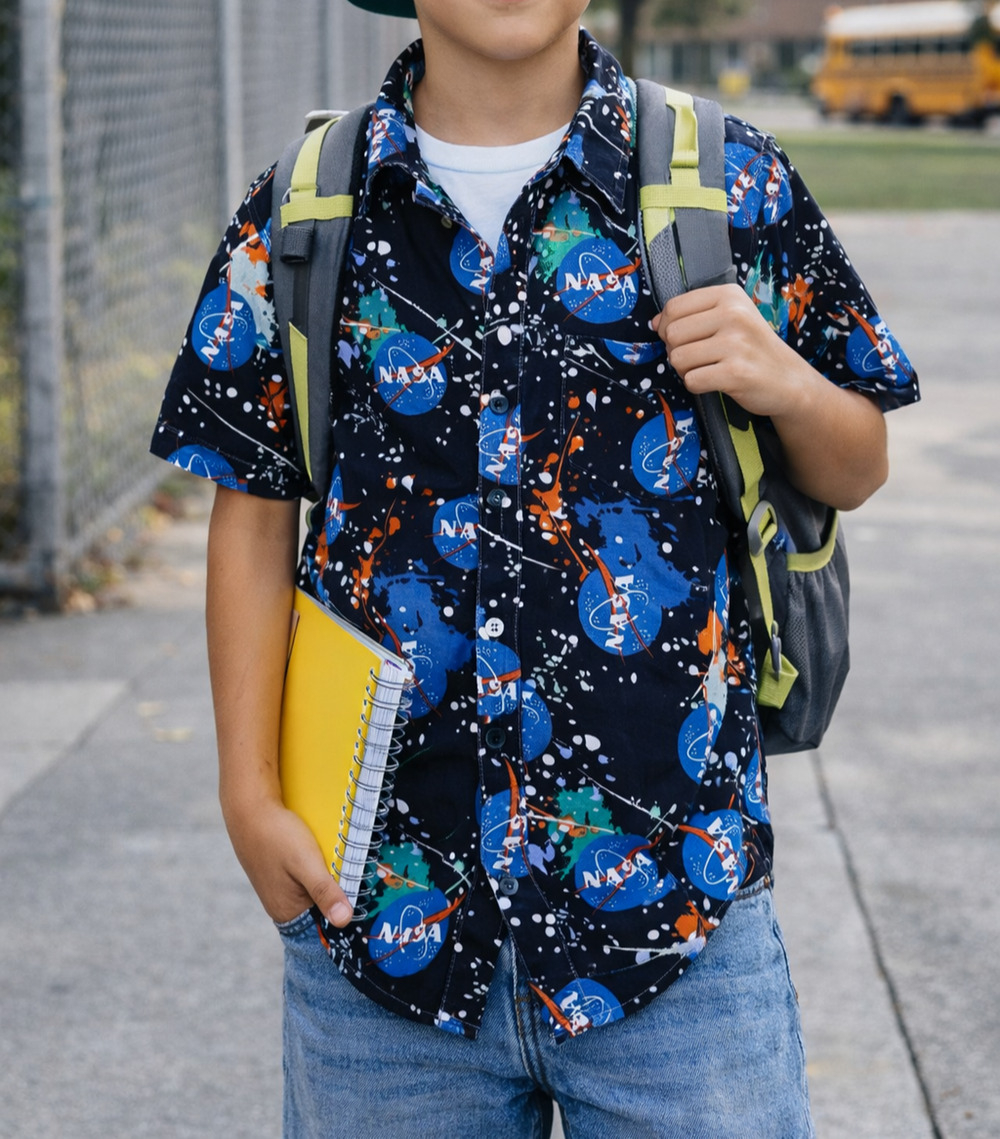 NASA Boys Button Front Shirt Size 10/12 Triumph Over Tragedy Space Rocket STEM